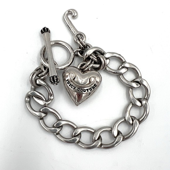 Juicy Couture‎ Chunky Link Bracelet With Charms Heart Silver Tone Y2k - Picture 1 of 3